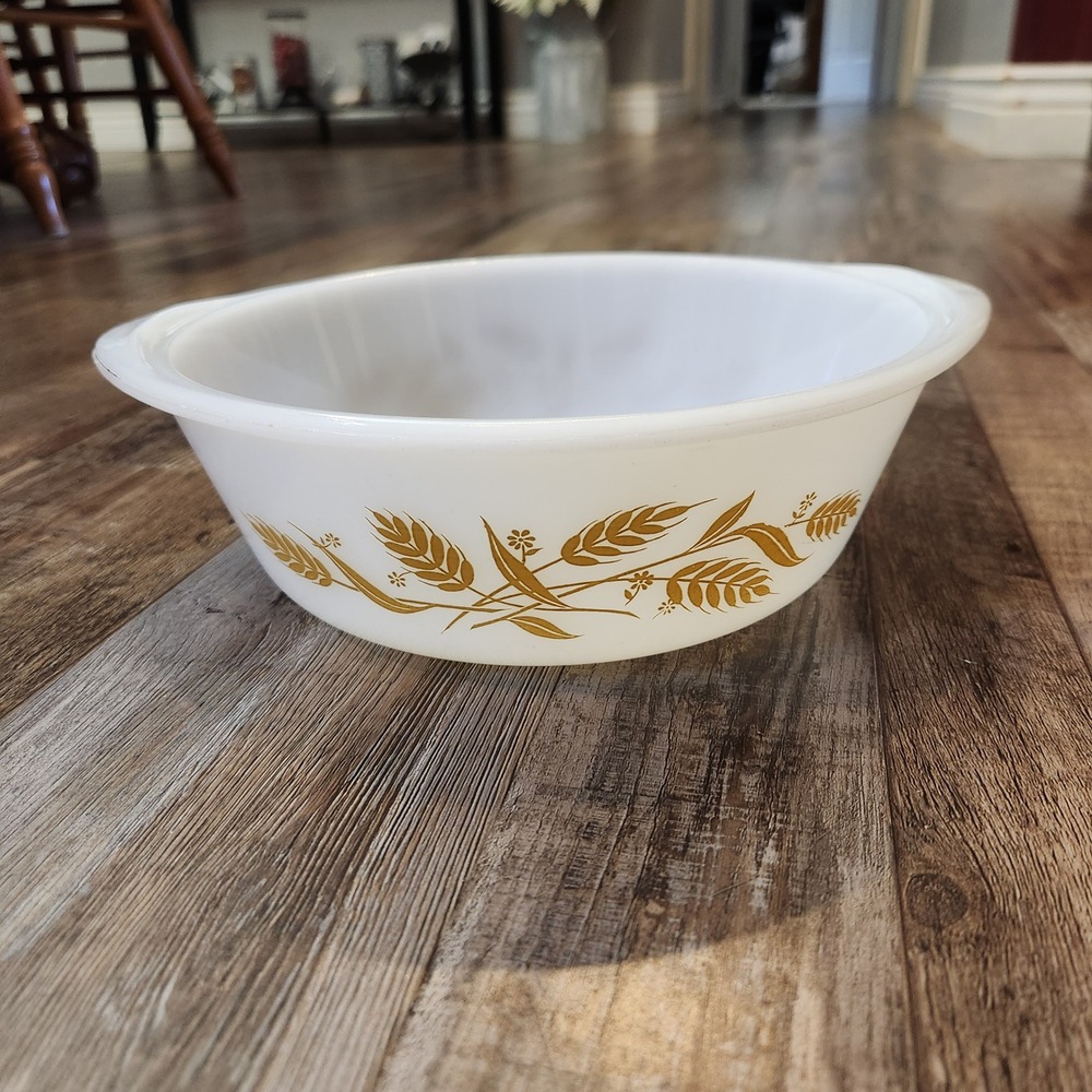 Vintage Sears Milk Glass Golden Wheat Casserole Dish Round Tab Handles 8 Inch
